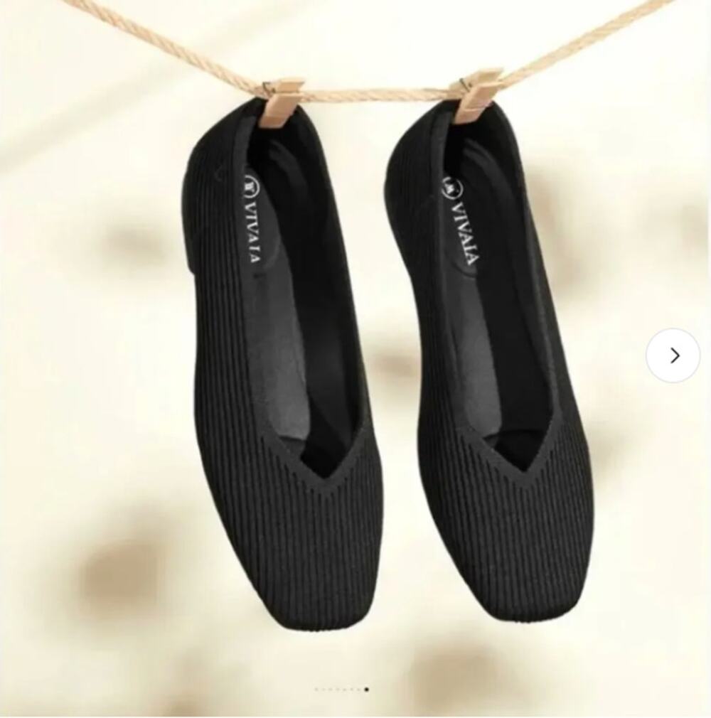 VIVAIA Square-Toe V-Cut Flats (Margot 2.0) Ribbed Black Sz 41/US 10
